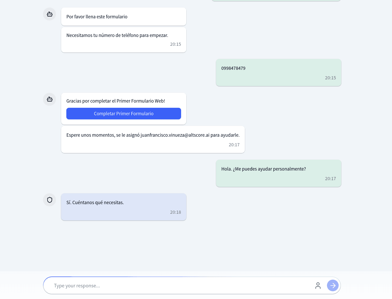Agent escalation in chat mode showing the agent name in the header, a divider in the stream, and the free-text input at the bottom