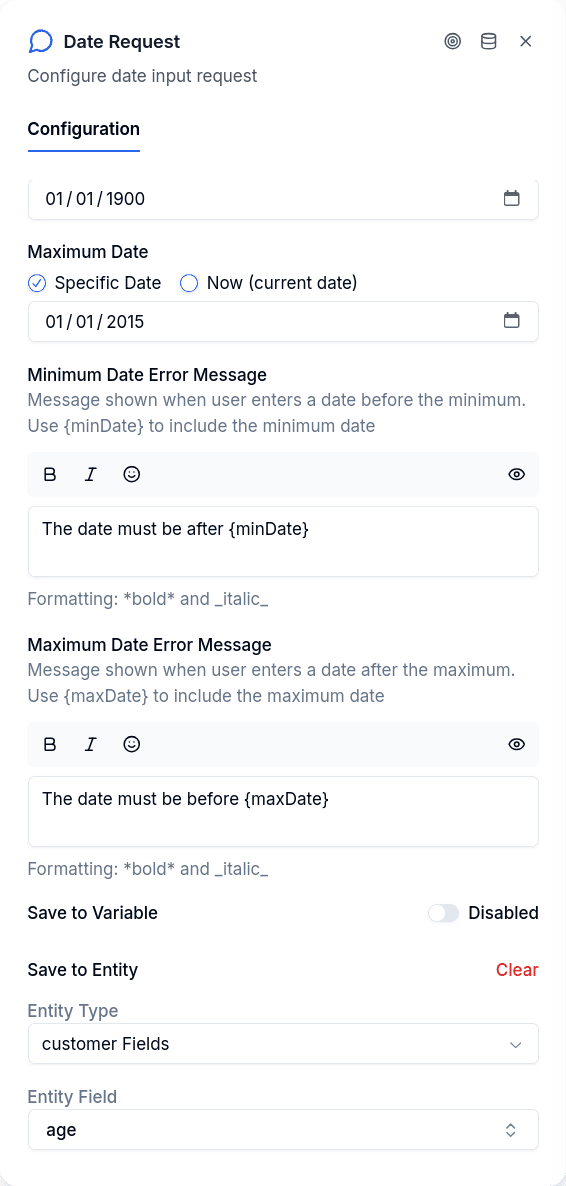 Ask Date configuration continued
