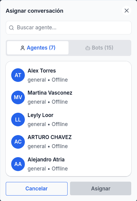 Assign conversation modal with the Agents and Bots tabs and a list of agents with their team and status