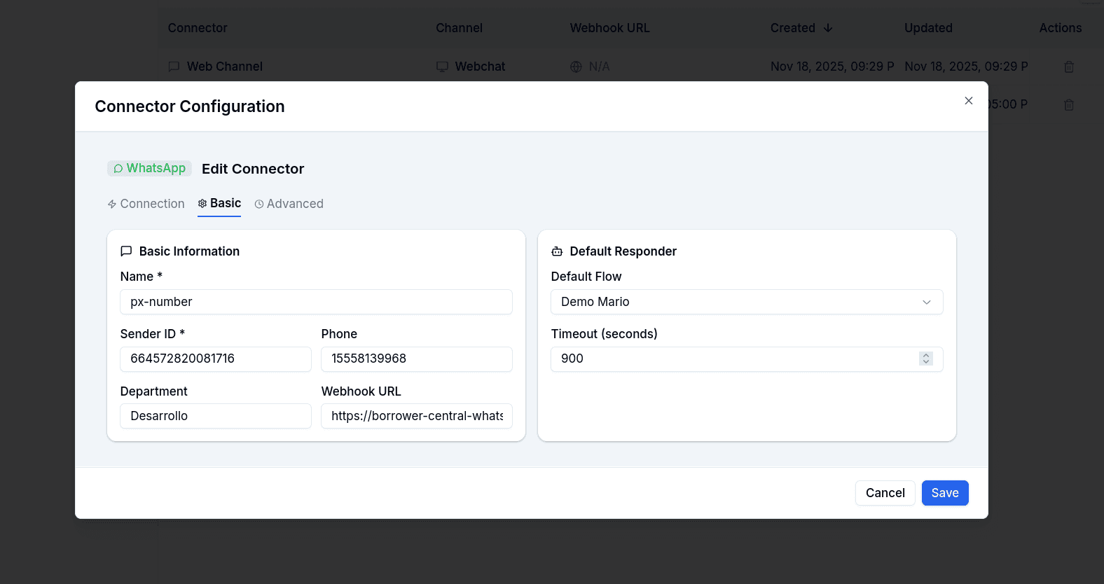 Basic tab of a WhatsApp connector: name, sender ID, phone, department, webhook URL, default flow and timeout