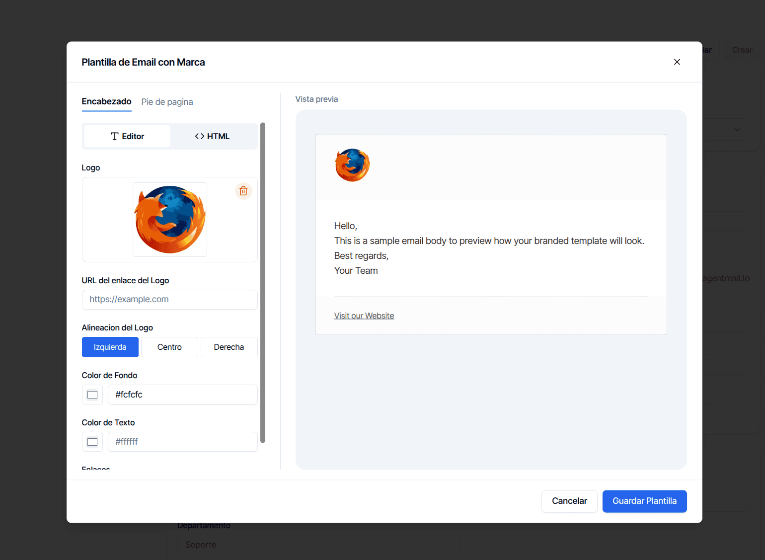 Branded email template editor: header with logo, alignment, colors and a live preview