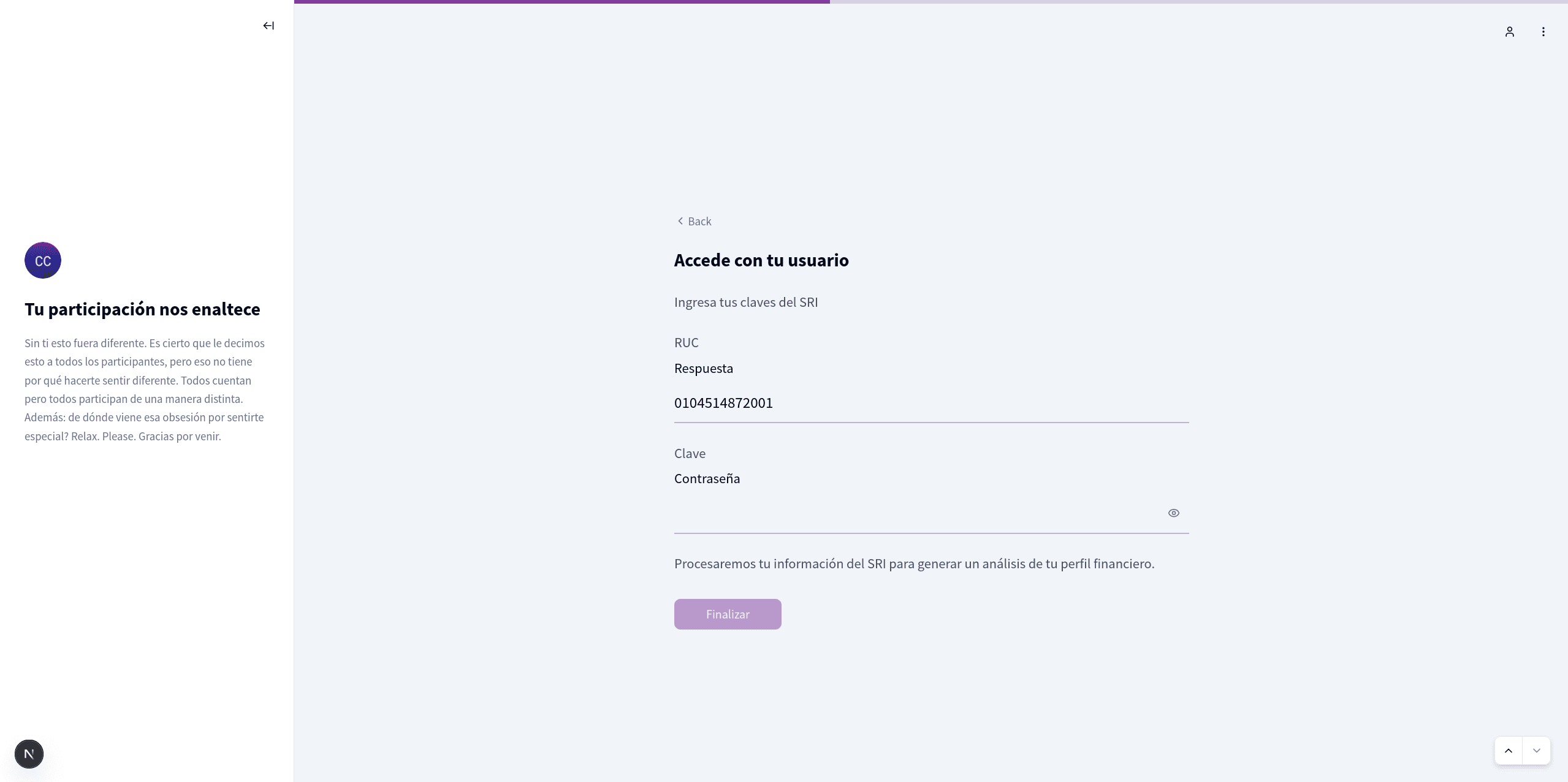 Branding fields in action: custom logo, main color applied to buttons and header, and sidebar with title and content