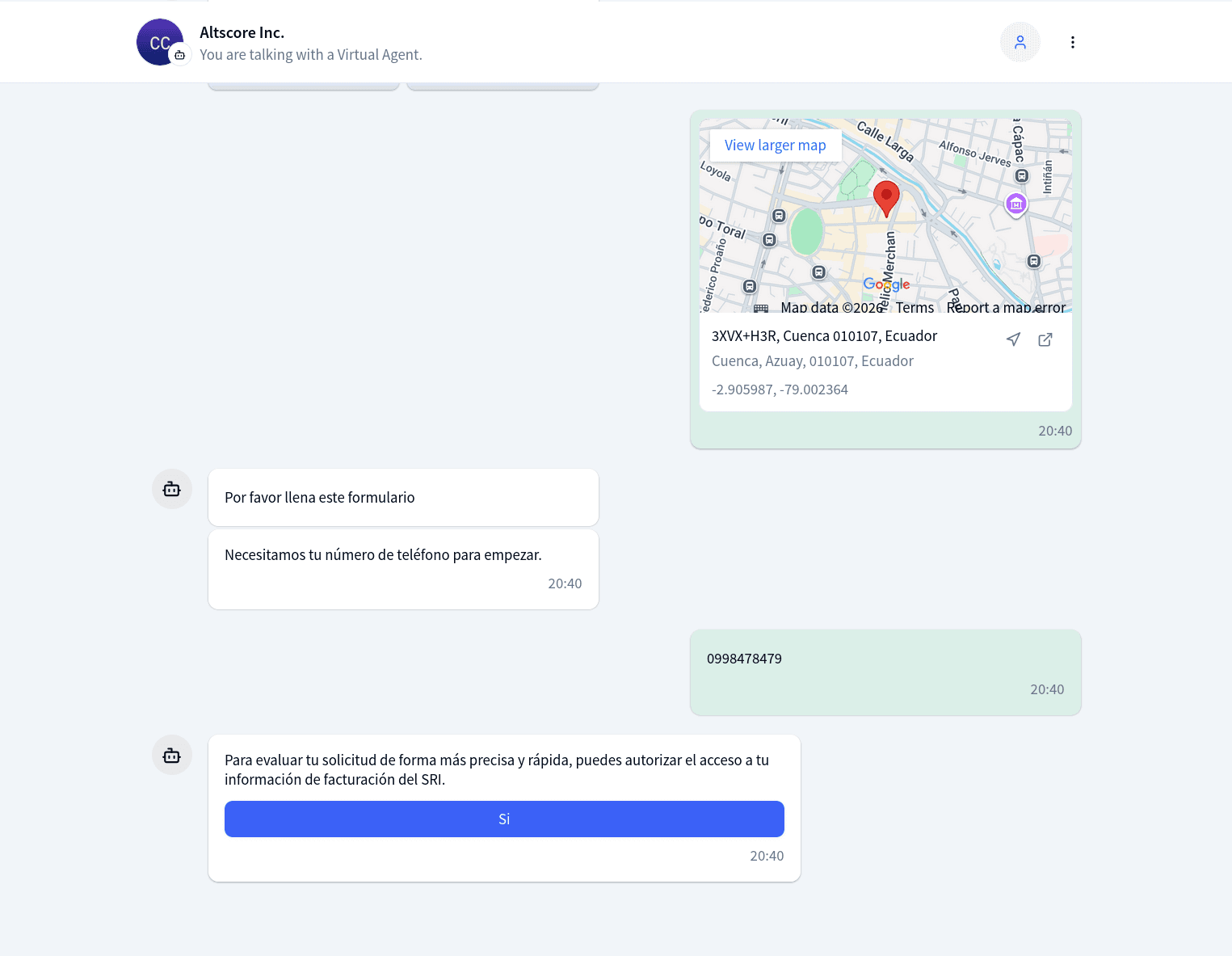 Chat mode message stream with bot bubbles on the left, customer replies on the right, and interactive buttons below a message