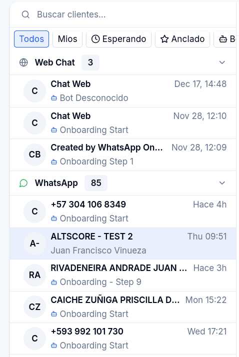 Conversation list grouped under Web Chat and WhatsApp, each row with the customer, the relative time and the bot or agent that owns it