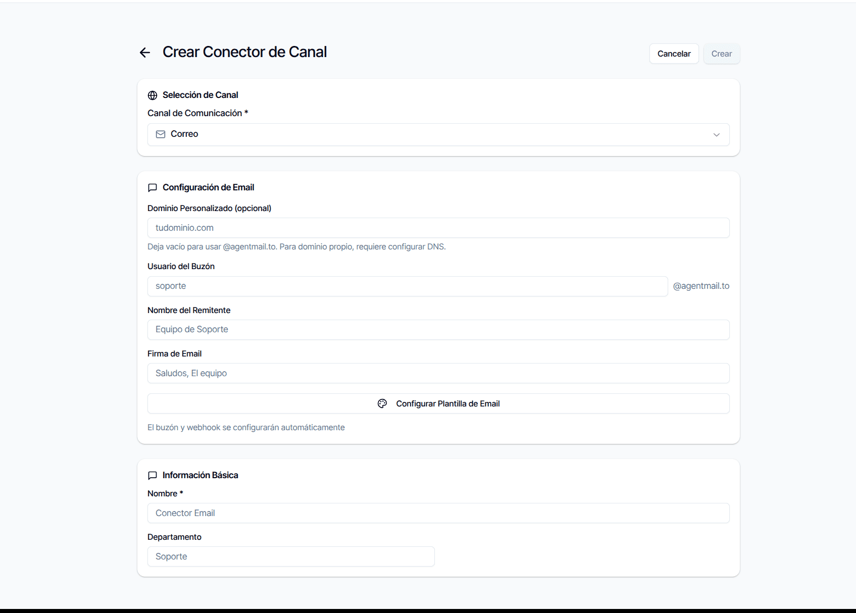Create email connector: custom domain, inbox username, sender name, signature and the branded template button