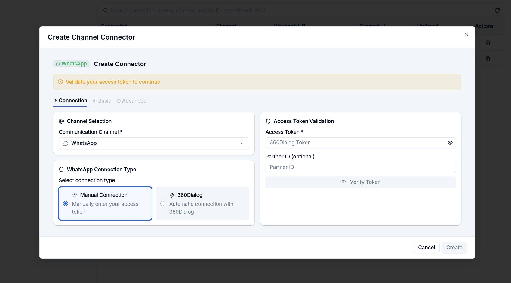 Create WhatsApp connector: connection type (manual or 360dialog) and access token validation