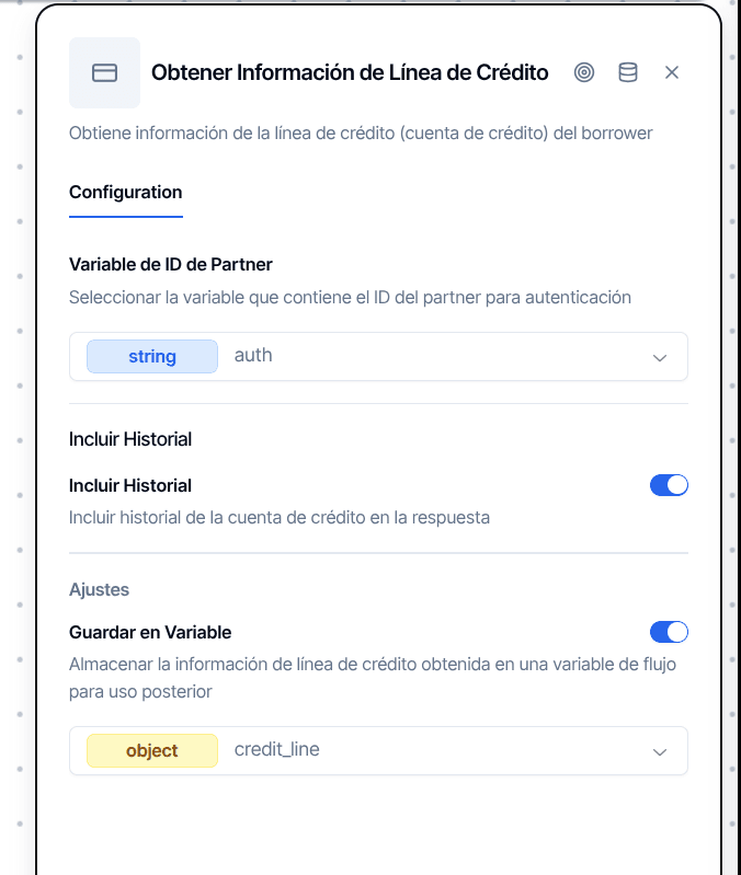 Send Credit Line Information configuration panel showing partner ID variable, include history toggle, and selected variable