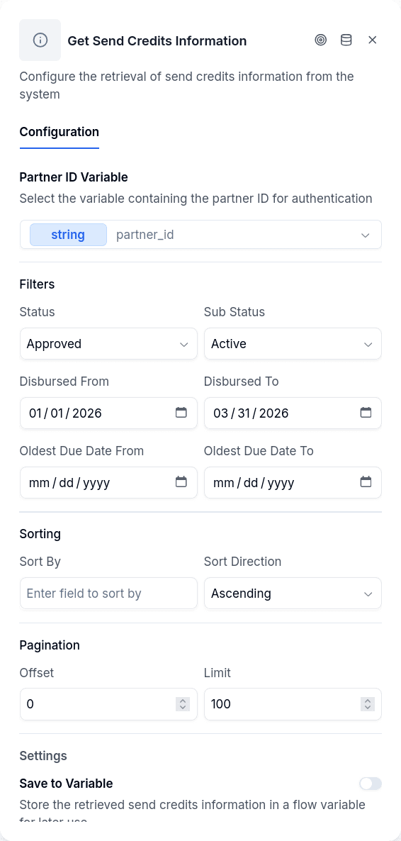 Send Credits Info configuration