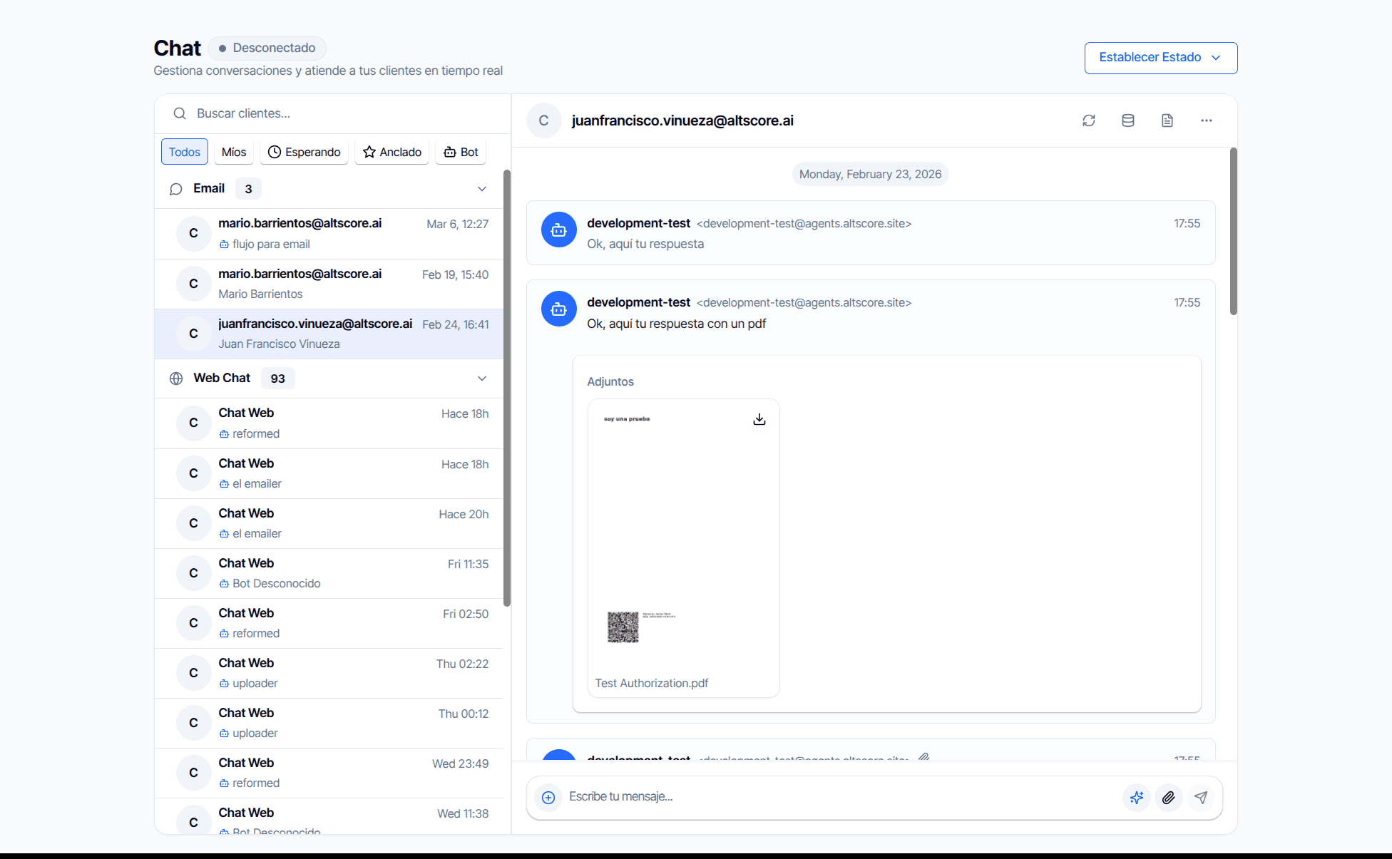 Email conversation with the messages from the bot address and a PDF attachment card in the thread
