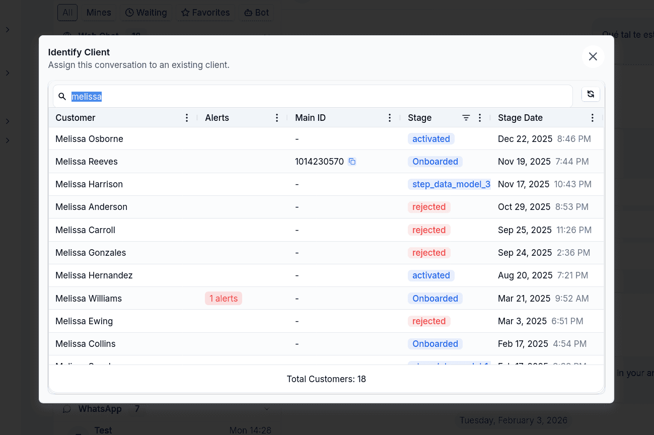 Identify Client dialog with a customer search and a table of matching customers with their stage