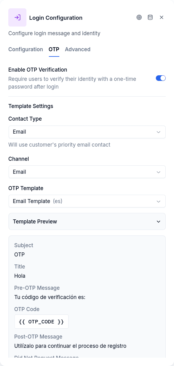 OTP tab - Message settings