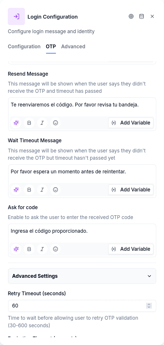 OTP tab - Retry settings