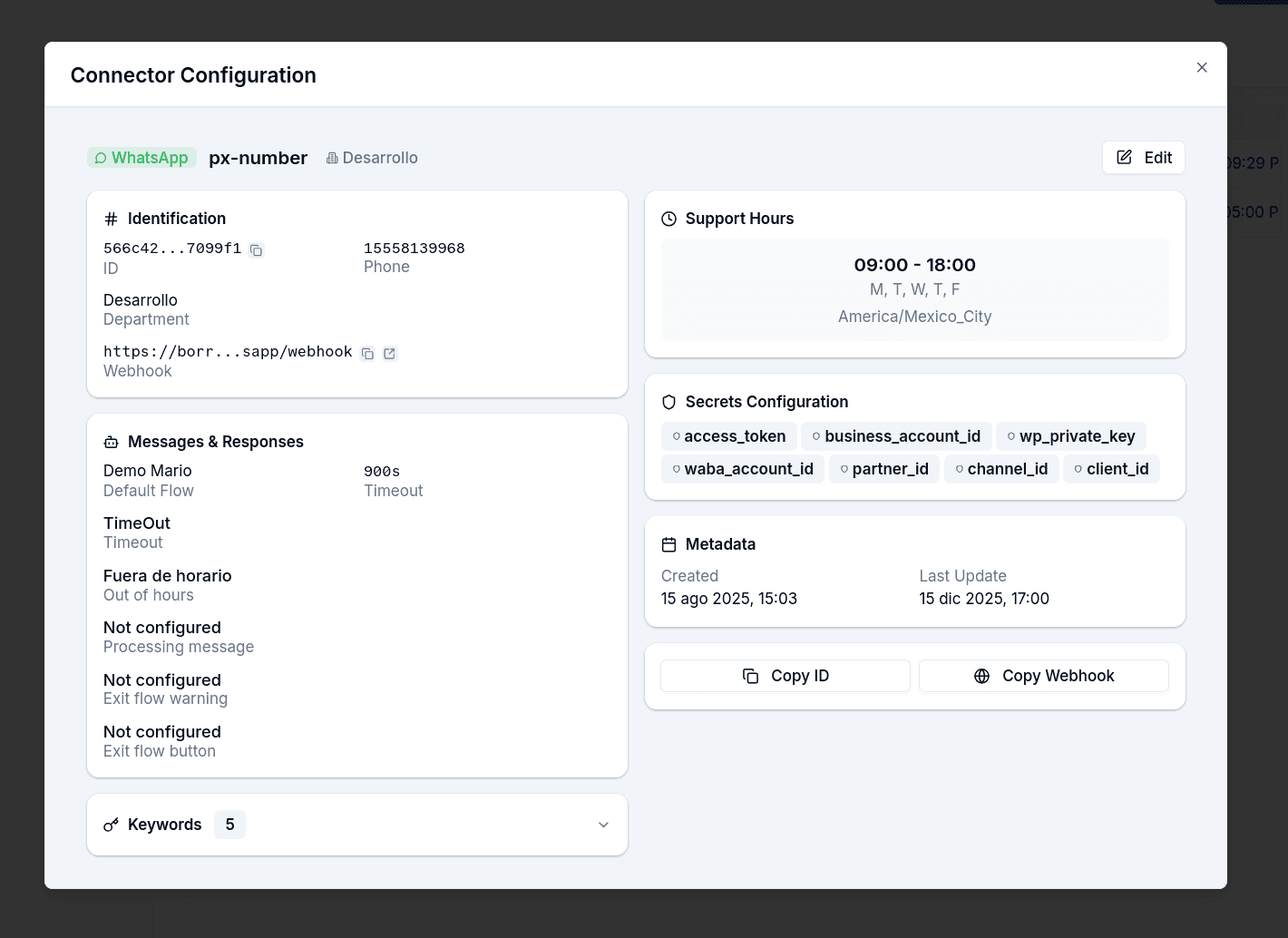 Connector detail: identification, messages and responses, support hours, secrets and keywords