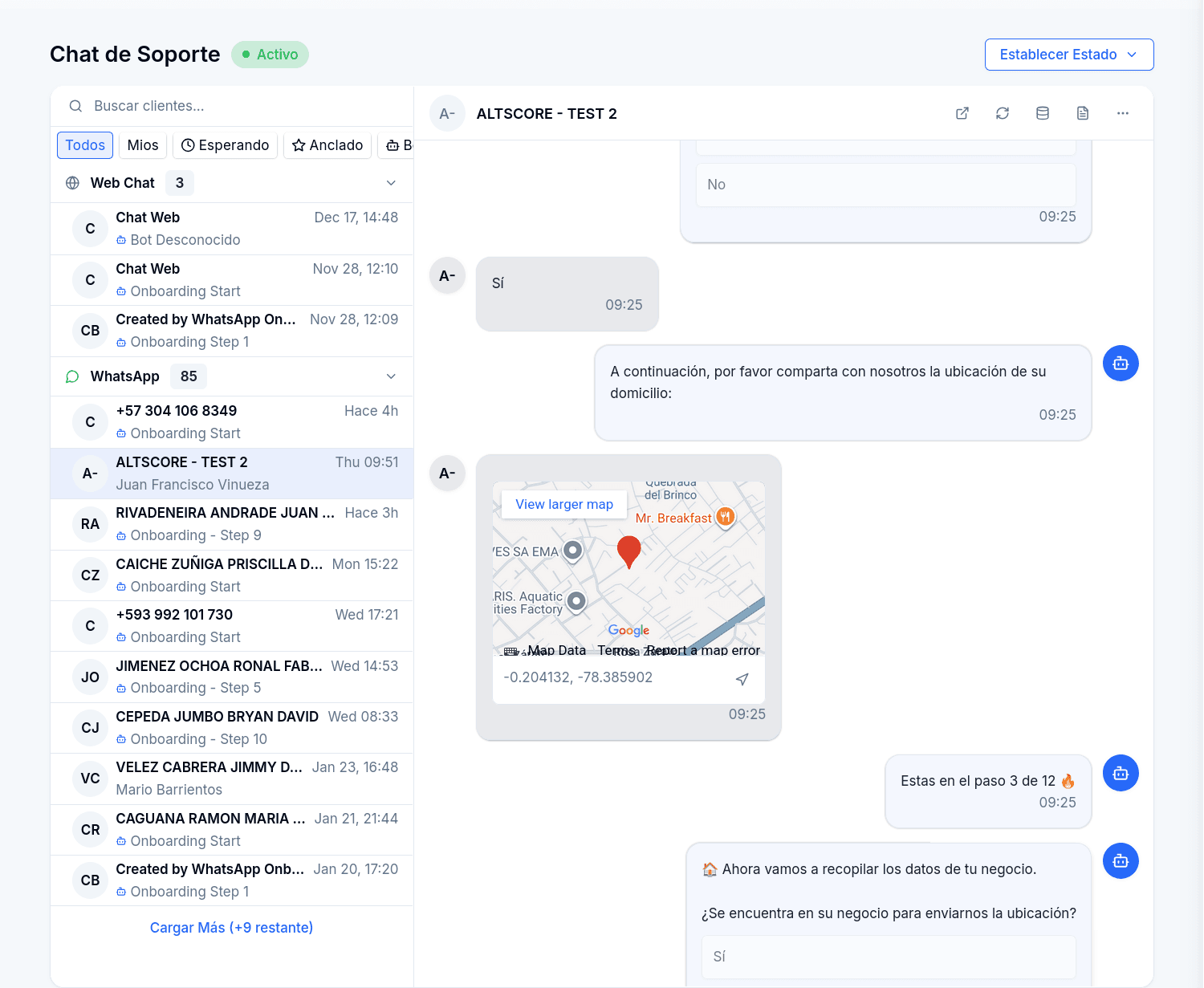 Chat screen with the conversation list grouped by channel on the left and the active WhatsApp conversation on the right, with the header actions for variables, notices and more