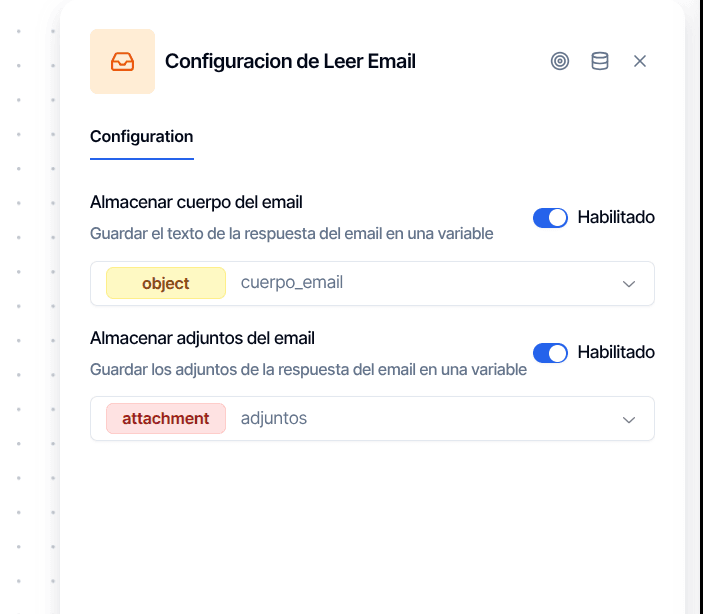 Read Incoming configuration panel showing store message body and store attachments toggles with their variable names