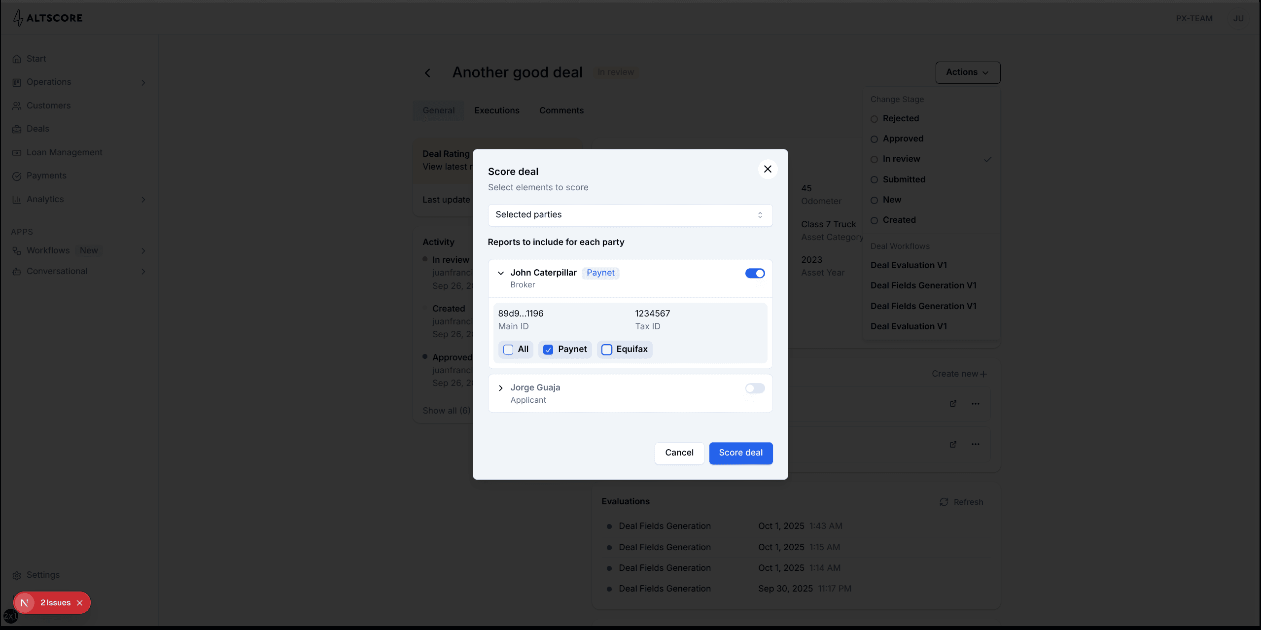 Score deal dialog showing party selection