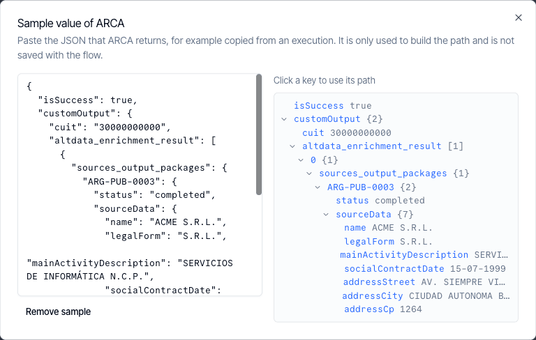 The path explorer: the pasted sample on the left, the same value as a clickable tree on the right