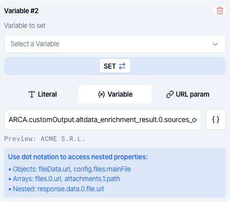 A source path picked from the sample, with the preview of its value right under the input