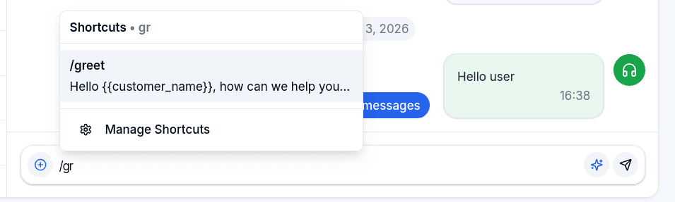Shortcuts popover filtered by the text after the slash, showing a saved greeting with a placeholder and the Manage Shortcuts entry