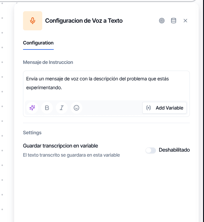 Speech to Text configuration panel showing prompt message and store transcription toggle with variable name