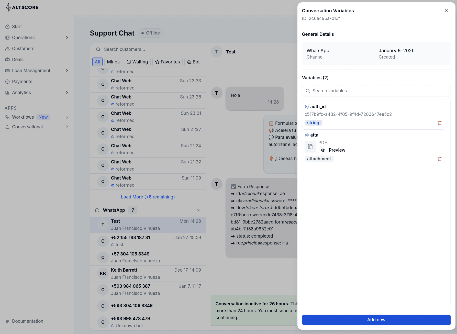 Conversation Variables panel with the channel and creation date, a search box and two variables: a string and a PDF attachment with a preview