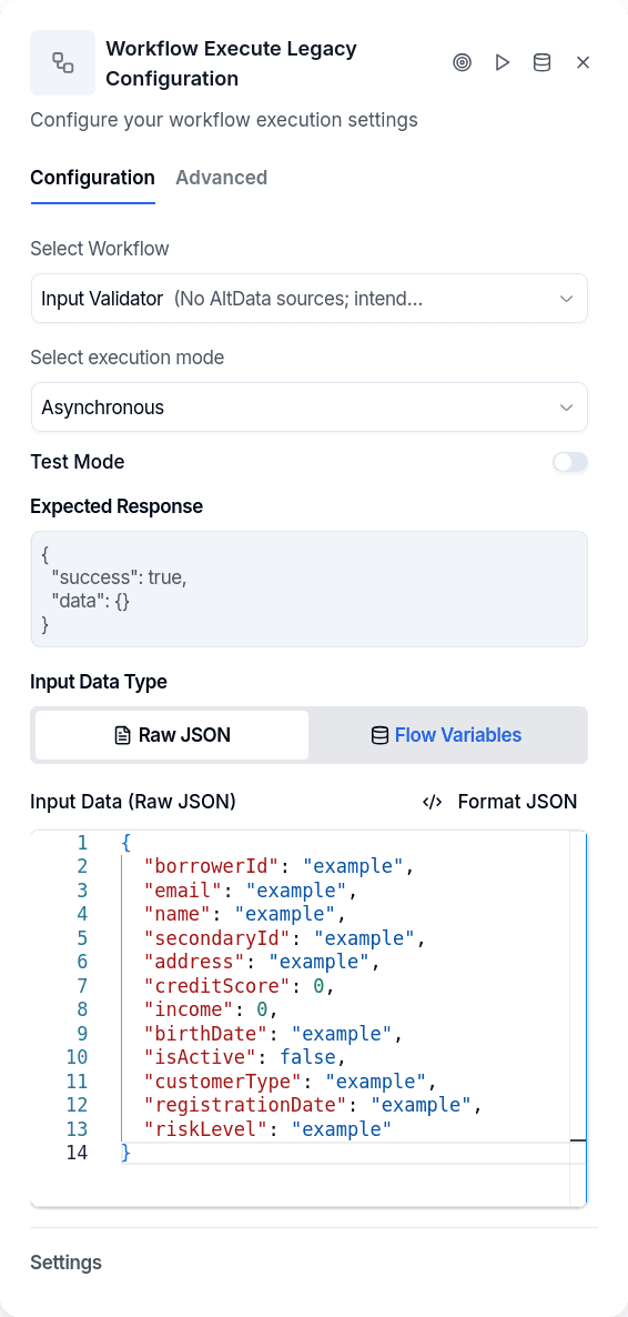 Workflow Execute raw JSON input
