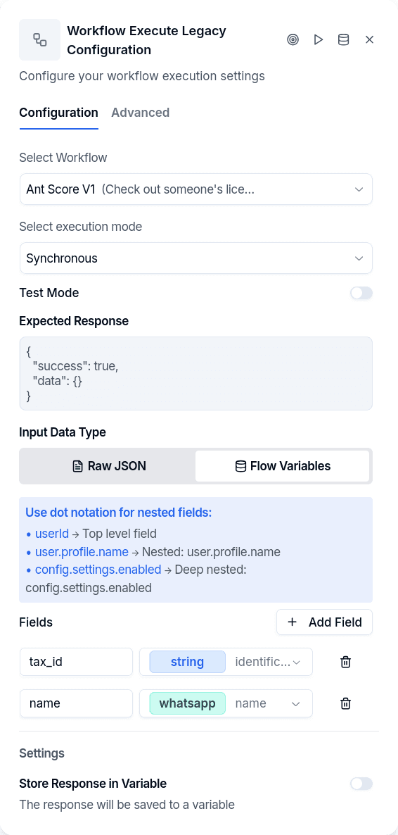 Workflow Execute flow variables input
